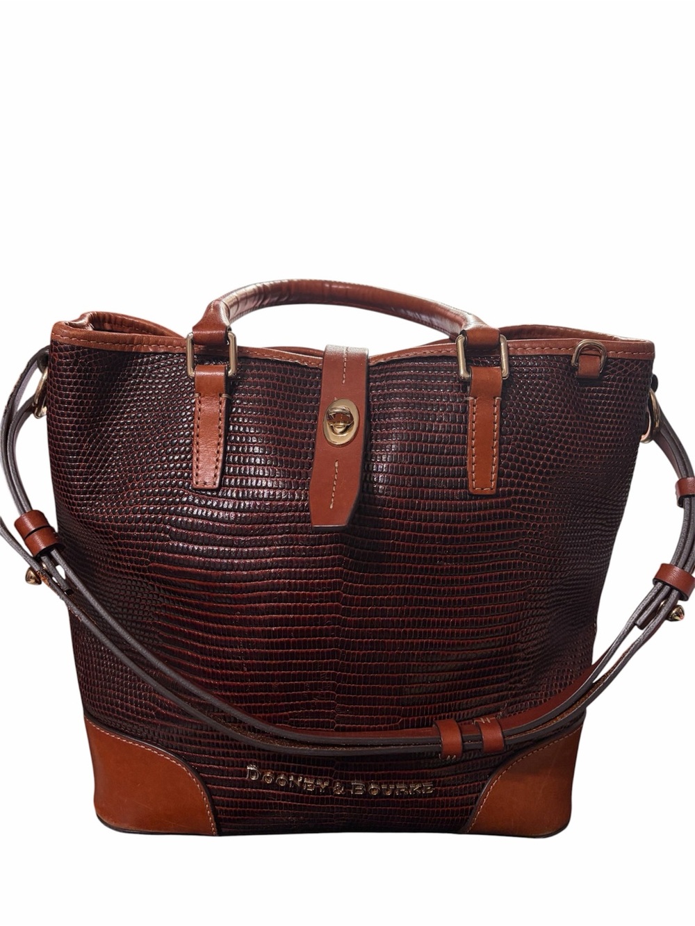 Dooney & Bourke Dark Brown Croc-Embossed Leather Tote with Tan Trim